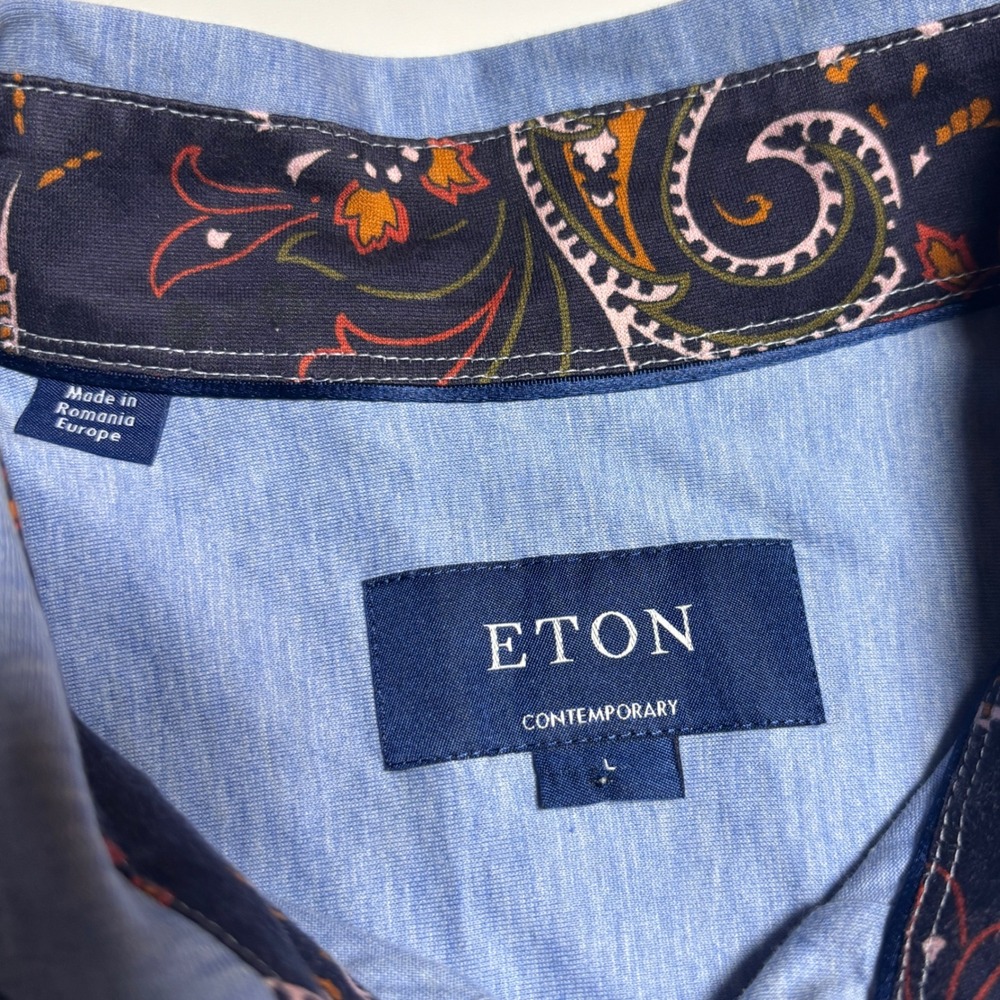 Eton Blue Stretch Jersey Shirt Contemporary Fit Men L Flip cuff Paisley Contrast - Picture 7 of 8